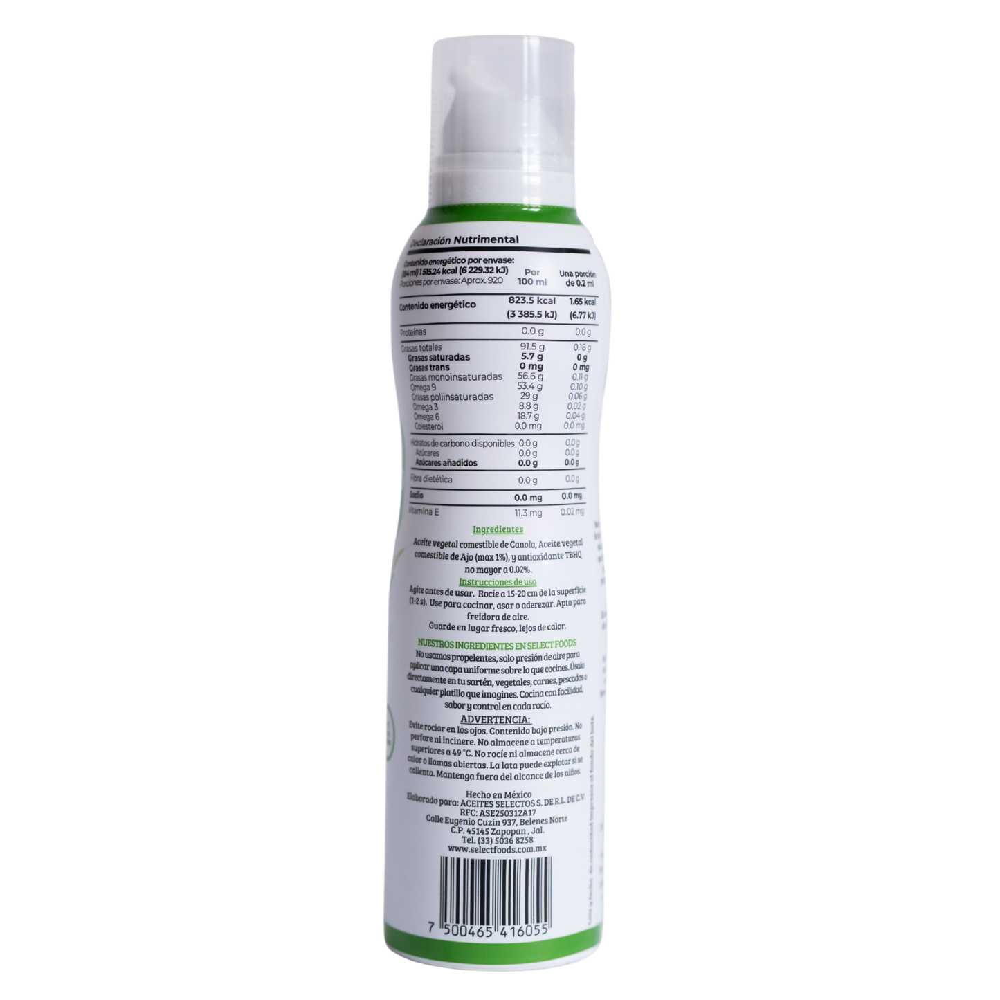 Aceite Comestible Puro de Canola Sabor Ajo en Aerosol 184 ml